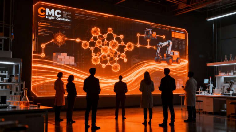Líderes de la industria farmacéutica y biotecnológica colaborando en la digitalización y automatización de procesos con IA.