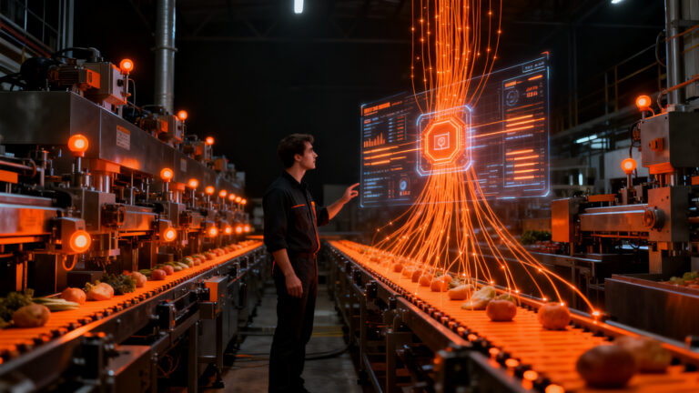Digitalización de plantas industriales con sensores inteligentes y mantenimiento predictivo, optimizando la eficiencia operativa en el sector alimentario.
