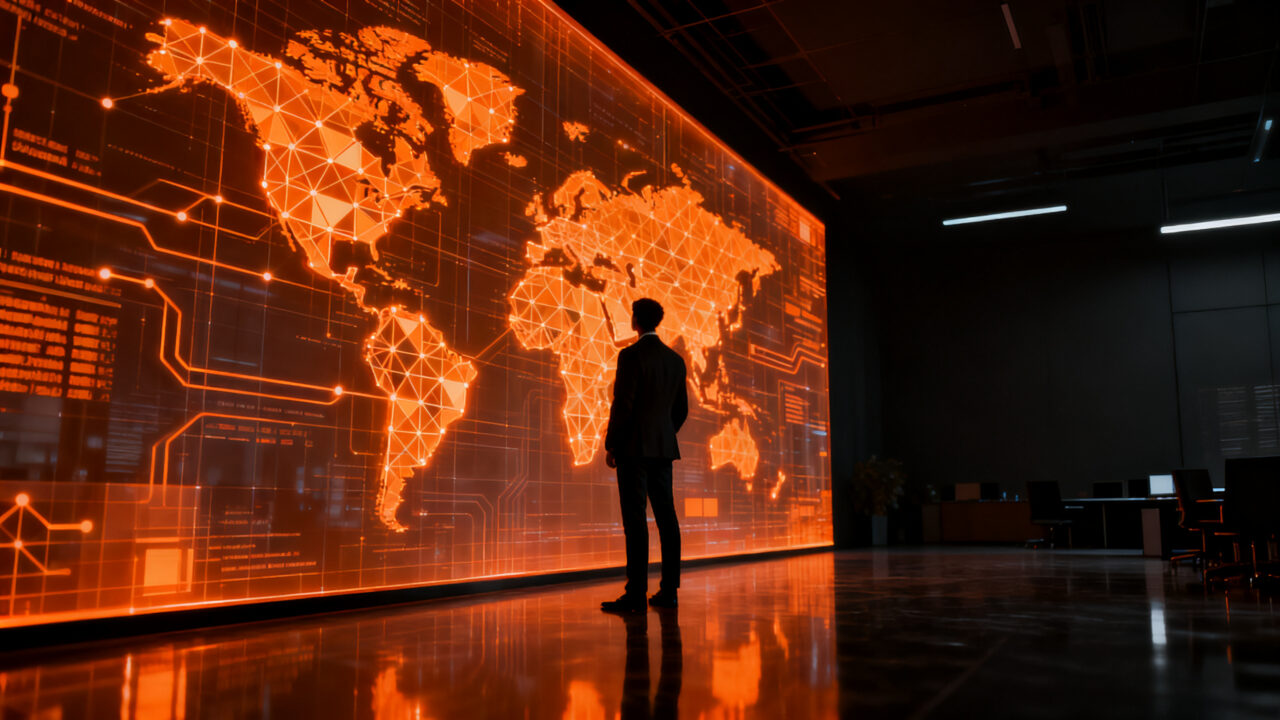 Empresario analizando datos de digitalización tributaria y facturación electrónica global en un entorno corporativo moderno.