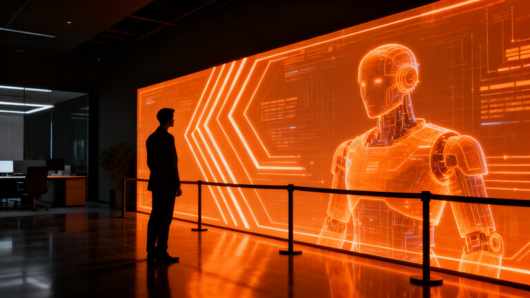 Usuario cauteloso frente a una interfaz de agente de IA, representando el dilema entre la adopción de nuevas tecnologías y la privacidad de datos.