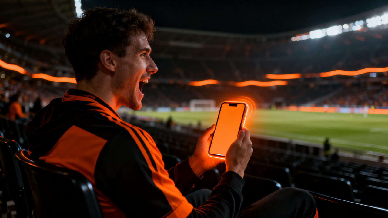 Aficionado en un estadio de fútbol usando la app Fan Mode para ganar puntos al mantener su móvil bloqueado, estrategia de gamificación y engagement.