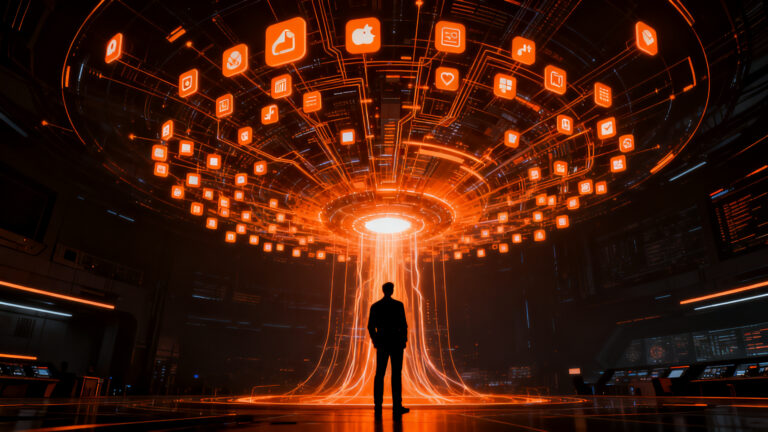 Agente de inteligencia artificial Dots de OpenAI integrando redes de aplicaciones y automatización de trabajo, representado en un concepto futurista naranja y negro.