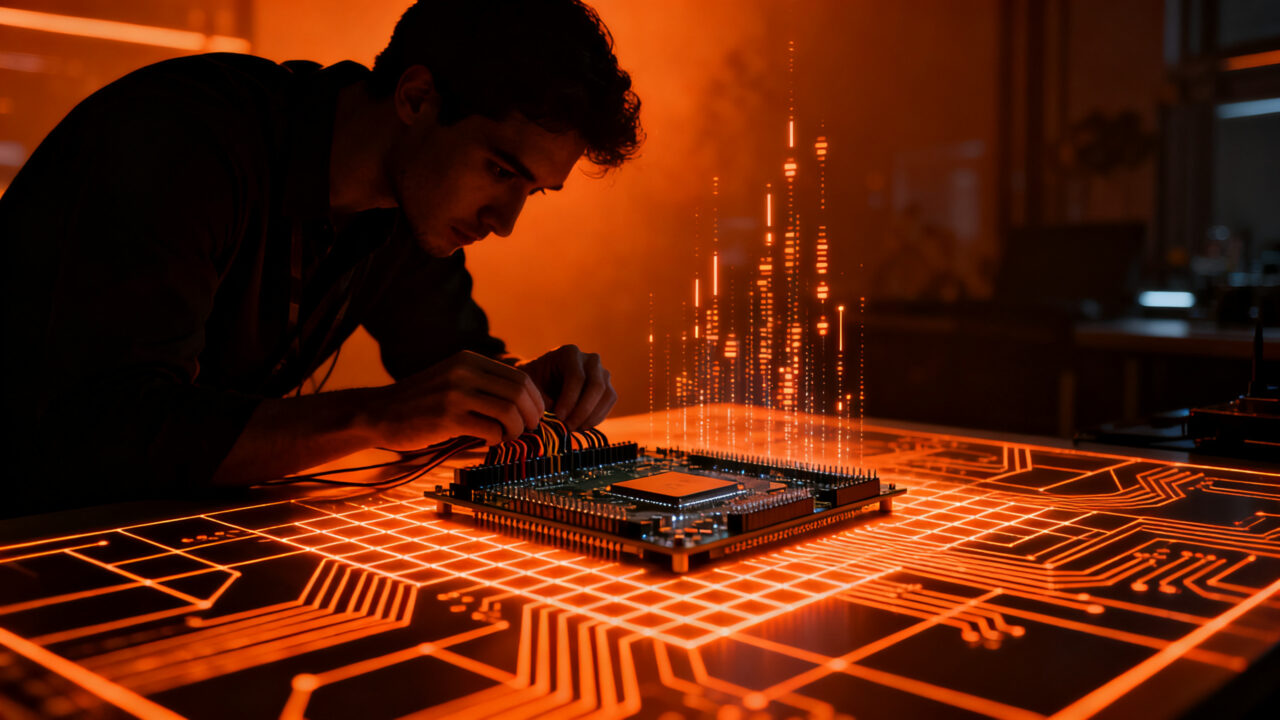 Ingeniero trabajando en diseño de hardware con SystemVerilog y FPGA para driver VGA, ilustrando el desarrollo de sistemas embebidos.