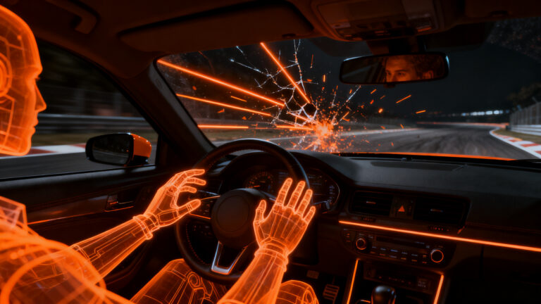 Agentes de IA al volante de un vehículo real, representando los desafíos de seguridad y anclaje físico en la conducción autónoma.