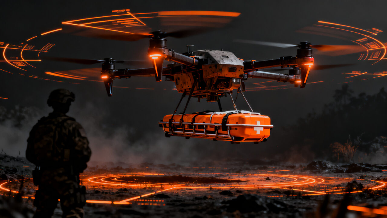 Dron de carga hexacóptero realizando una misión de evacuación médica en el frente de batalla, representando la innovación en logística autónoma.