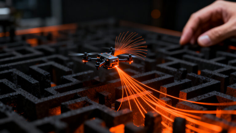 Dron miniatura inspirado en la biología navegando en la oscuridad mediante sensores táctiles, representando la eficiencia algorítmica en robótica.