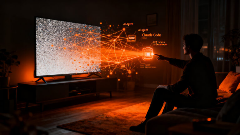 Agente de IA eliminando anuncios intrusivos de una smart TV, representando la tecnología de bloqueo de bloatware y publicidad en televisión.
