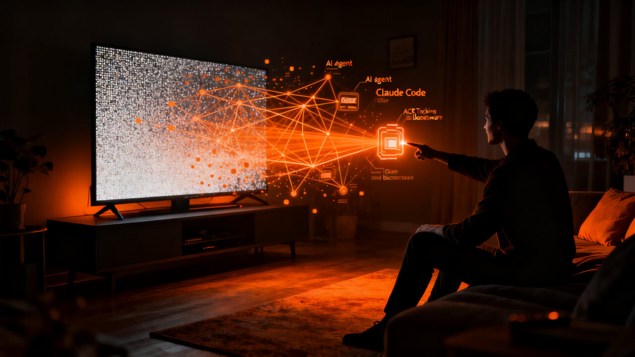 Agente de IA eliminando anuncios intrusivos de una smart TV, representando la tecnología de bloqueo de bloatware y publicidad en televisión.
