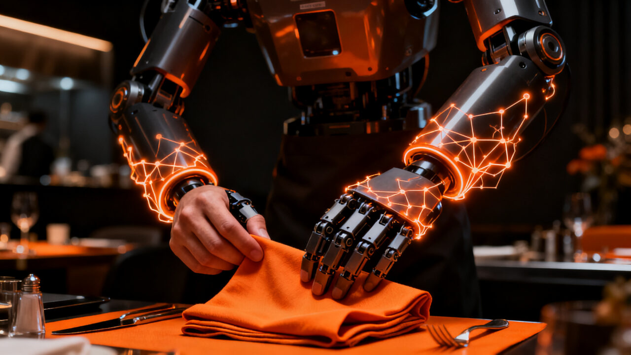 Robot humanoide de Dyna Robotics realizando tareas de precisión en un entorno de hostelería, representando la revolución de la Physical AI.