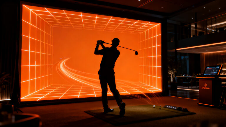 Club privado de golf indoor de lujo con simuladores de alta tecnología en Santiago de Chile.