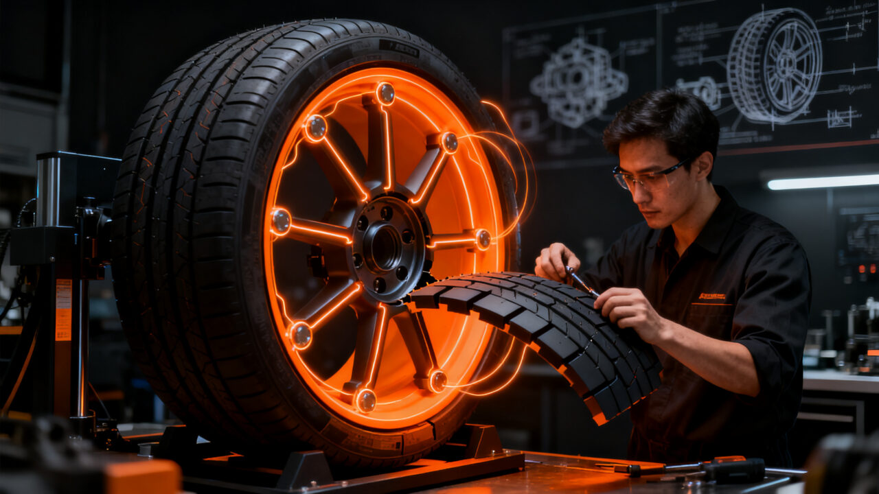 Prototipo de neumático modular ECOTIRE desarrollado por la UC3M, representando la innovación en economía circular y sostenibilidad automotriz.