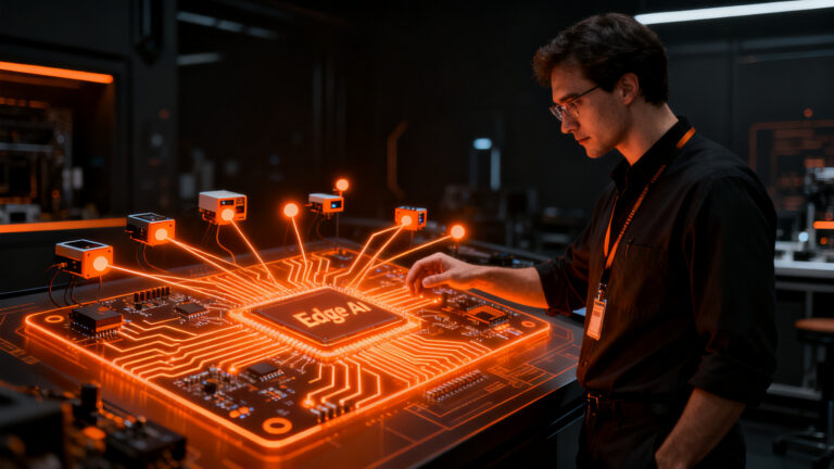 Representación visual de Edge AI, mostrando la integración de inteligencia artificial en dispositivos locales con baja latencia.
