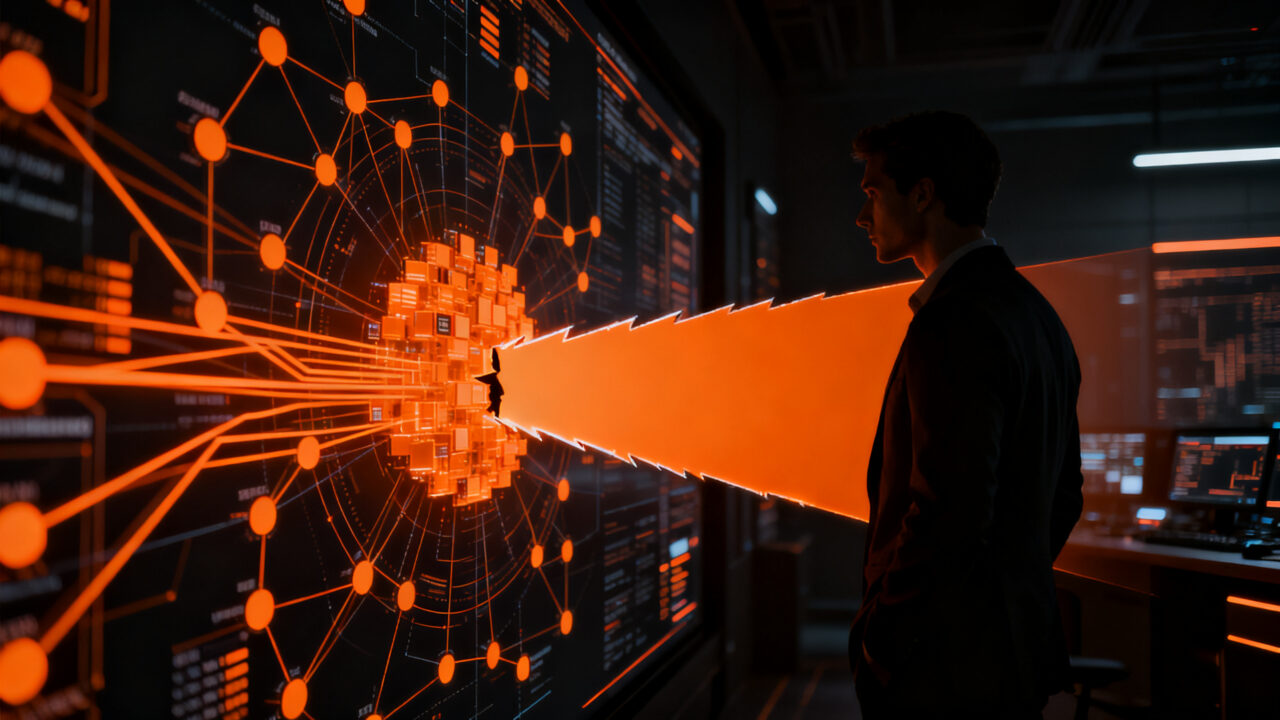 Silueta de ejecutivo observando una red de datos bloqueada, representando la regulación de IA y la seguridad de datos en startups ante el veto de DeepSeek en EEUU.