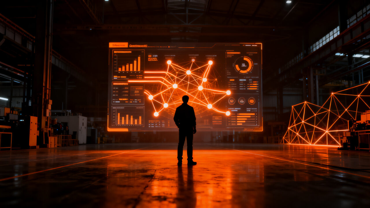 Monitorización de eficiencia energética en la industria 4.0, mostrando el control de datos industriales y automatización.