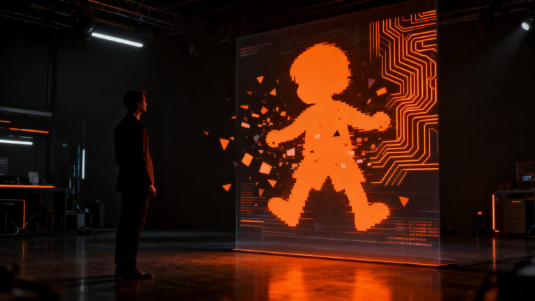 Director creativo humano supervisando una red de inteligencia artificial en publicidad infantil, destacando la ética y sensibilidad humana frente a la tecnología.