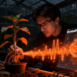Científico observando señales eléctricas de plantas mediante inteligencia artificial en una startup de agrotech.