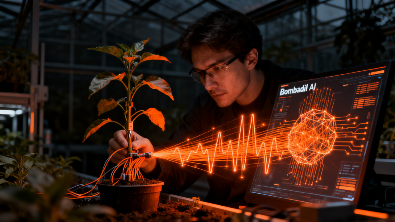 Científico observando señales eléctricas de plantas mediante inteligencia artificial en una startup de agrotech.