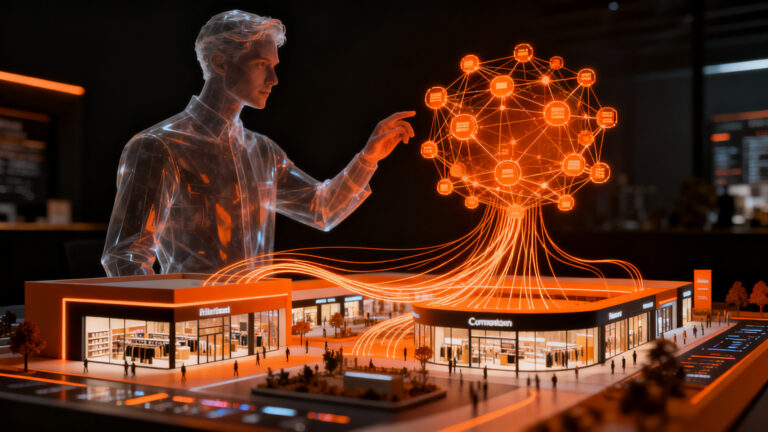 Agente de IA Eleva AI interactuando en un entorno de retail, representando la automatización y mejora de la experiencia del cliente en parques comerciales.