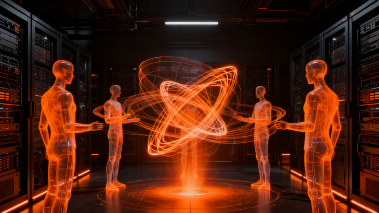 Agentes de inteligencia artificial creando un lenguaje propio y autónomo en un entorno digital complejo.