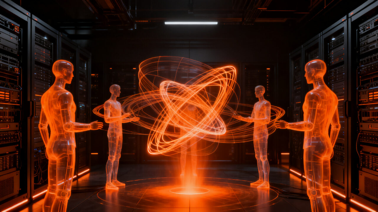 Agentes de inteligencia artificial creando un lenguaje propio y autónomo en un entorno digital complejo.