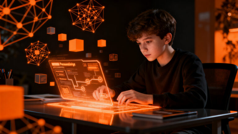Estudiante interactuando con una plataforma de IA educativa personalizada, representando la innovación de la EdTech mexicana Emmi en el aprendizaje infantil.