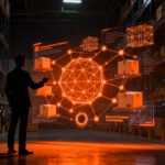 Profesional logístico interactuando con una interfaz de IA en un centro de distribución inteligente, representando el futuro de Empack y Logistics Madrid 2026.