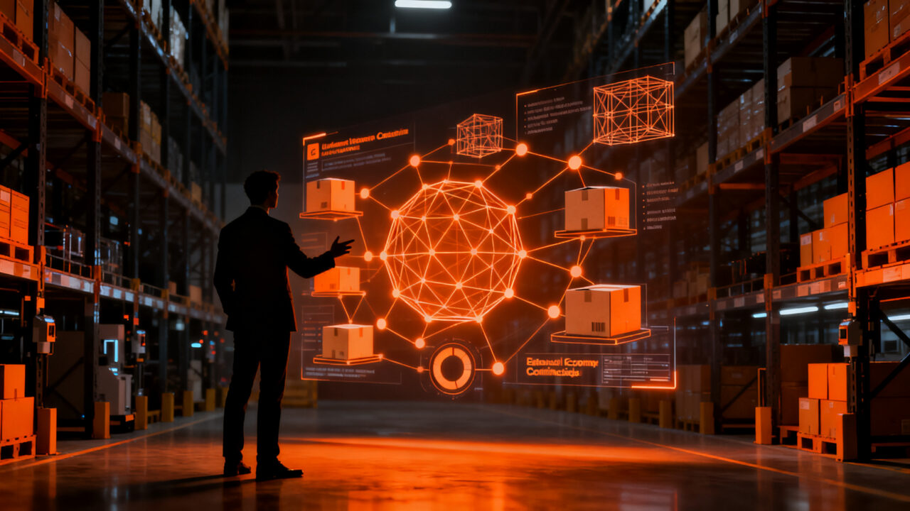 Profesional logístico interactuando con una interfaz de IA en un centro de distribución inteligente, representando el futuro de Empack y Logistics Madrid 2026.