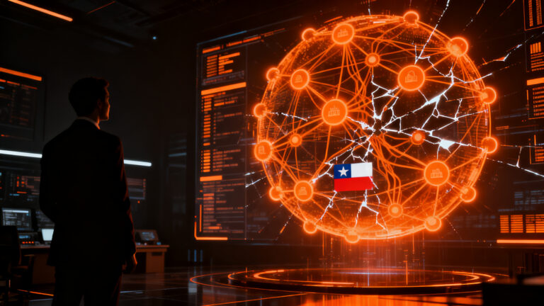 Representación visual de ciberseguridad y gobernanza de IA autónoma en empresas chilenas ante riesgos digitales.