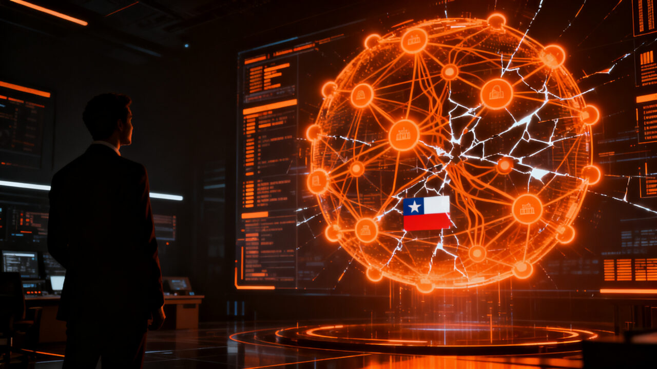 Representación visual de ciberseguridad y gobernanza de IA autónoma en empresas chilenas ante riesgos digitales.