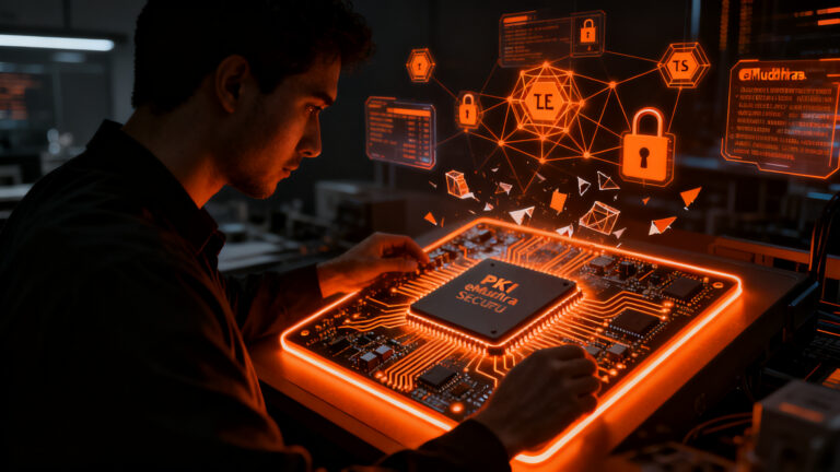 Analista de ciberseguridad examinando la integridad de microcontroladores y certificados PKI en un entorno de infraestructura crítica.