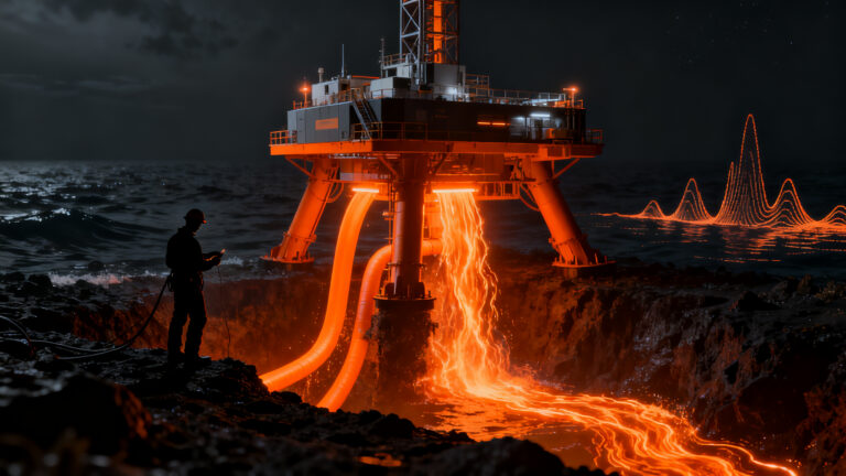 Planta de energía geotérmica submarina de la startup Endurance Energy generando electricidad limpia en el fondo del océano.