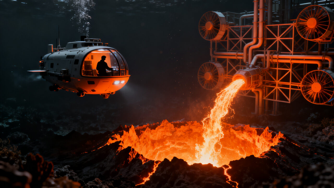 Startup Endurance Energy generando electricidad renovable desde un volcán submarino a gran profundidad, representando el futuro de la energía geotérmica.