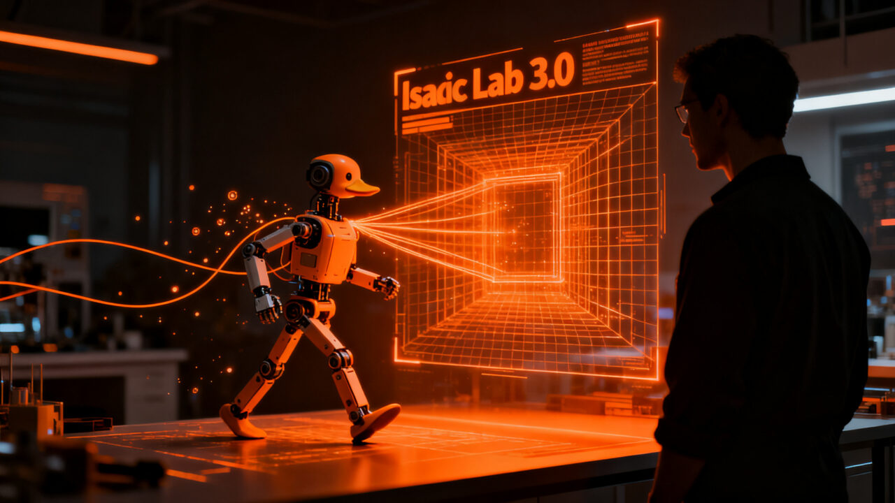 Ingeniero entrenando un robot bípedo Microduck con inteligencia artificial en un entorno de simulación a realidad.