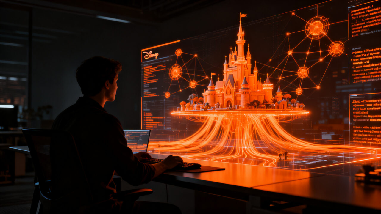 Desarrollador trabajando en entorno AI-first para Epic Games y Disney, representando el futuro de la creación de software con inteligencia artificial.
