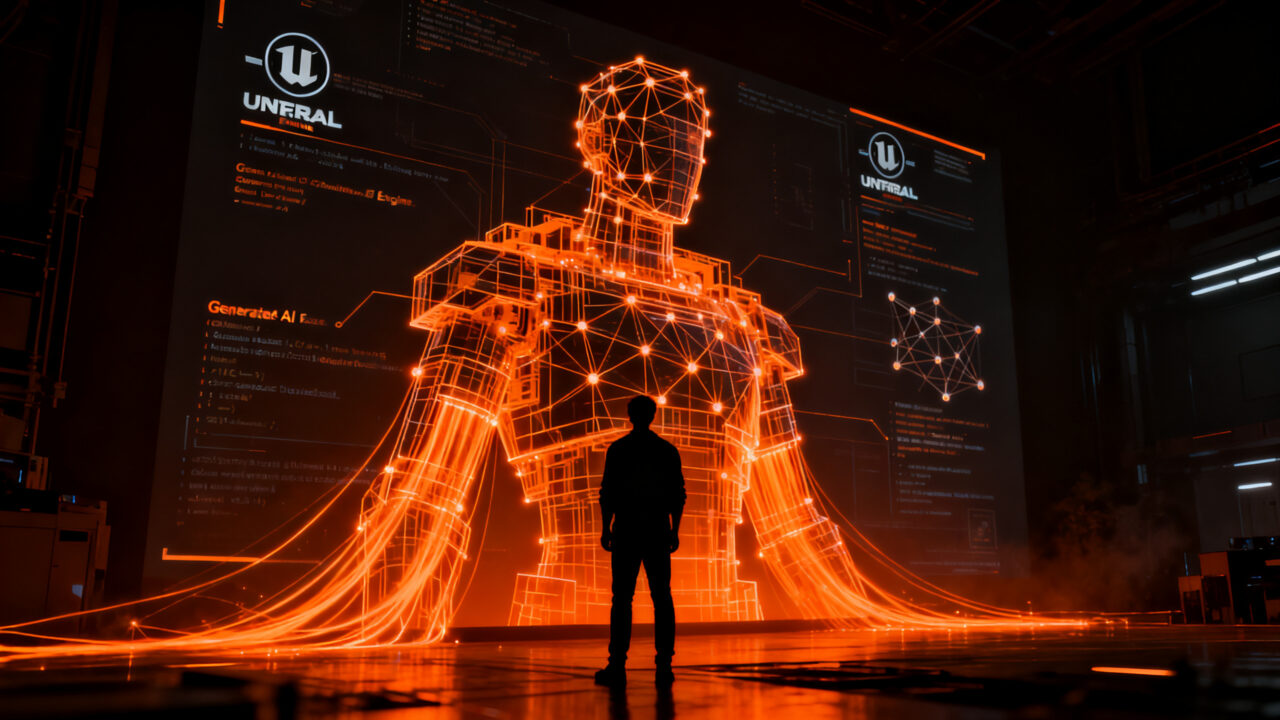 Desarrollo de videojuegos con IA generativa, concepto de Epic Games y Unreal Engine.