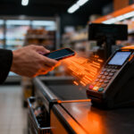 Cliente pagando con Bizum en un supermercado, representando la innovación en pagos digitales y retail.