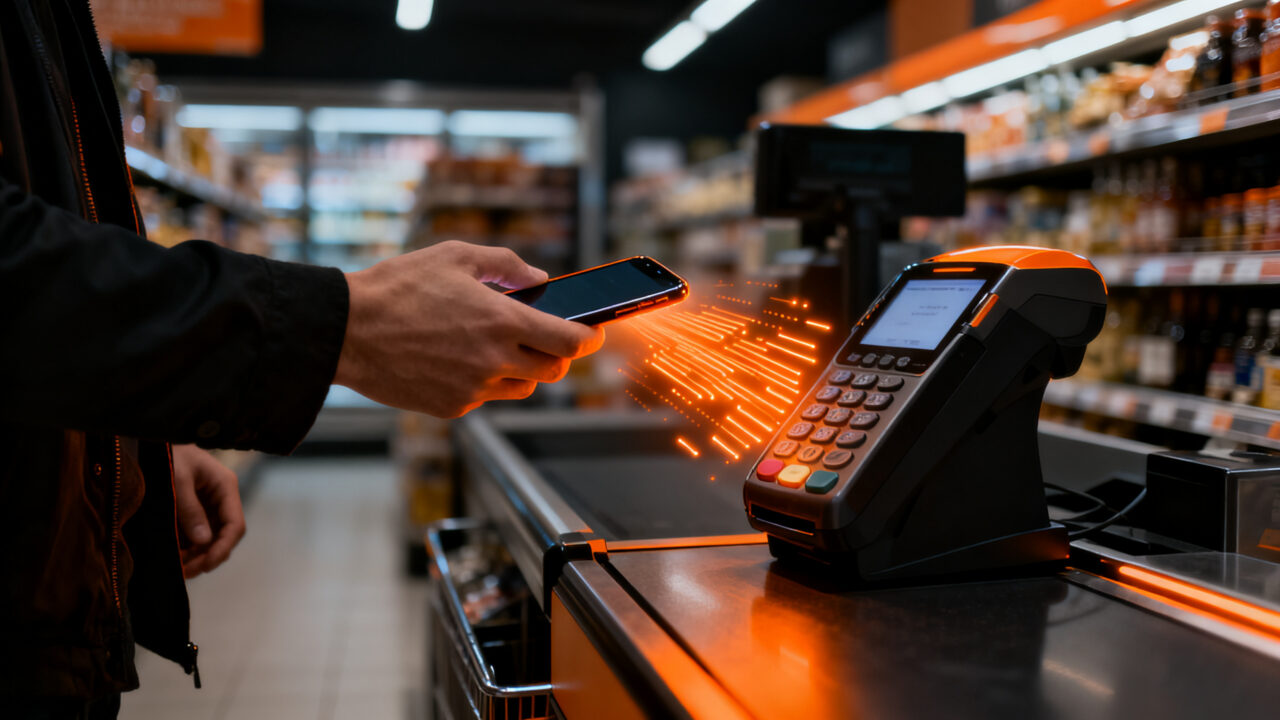 Cliente pagando con Bizum en un supermercado, representando la innovación en pagos digitales y retail.