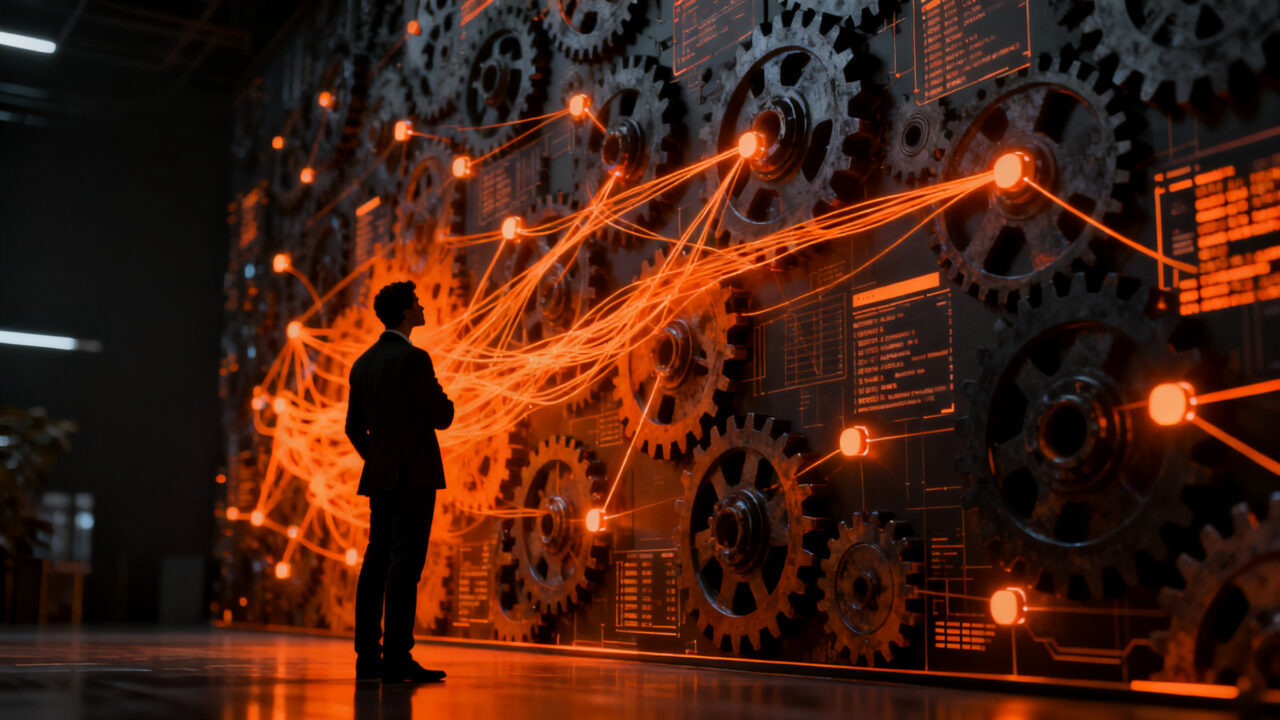 Silueta de un empresario observando un complejo engranaje industrial digital, representando los desafíos de la transformación tecnológica en las pymes españolas.