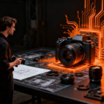 Cámara fotográfica profesional de alta gama en un entorno oscuro, representando la competencia en el mercado de hardware para startups europeas.