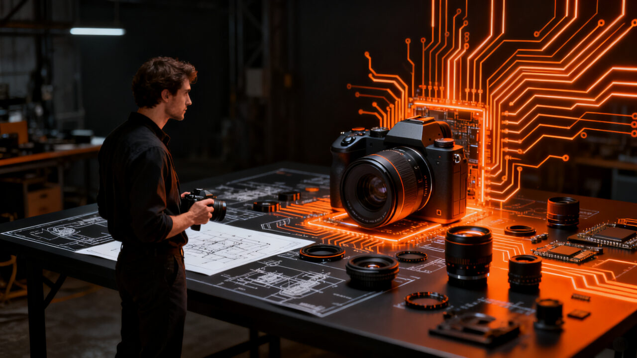 Cámara fotográfica profesional de alta gama en un entorno oscuro, representando la competencia en el mercado de hardware para startups europeas.
