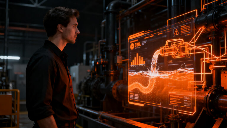 Empresario analizando datos de eficiencia hídrica y automatización industrial frente a infraestructura de gestión de agua en España.