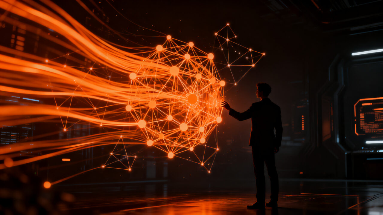 Agente de inteligencia artificial autónomo interactuando con un entorno digital, representando el futuro de la IA y los agentes inteligentes.