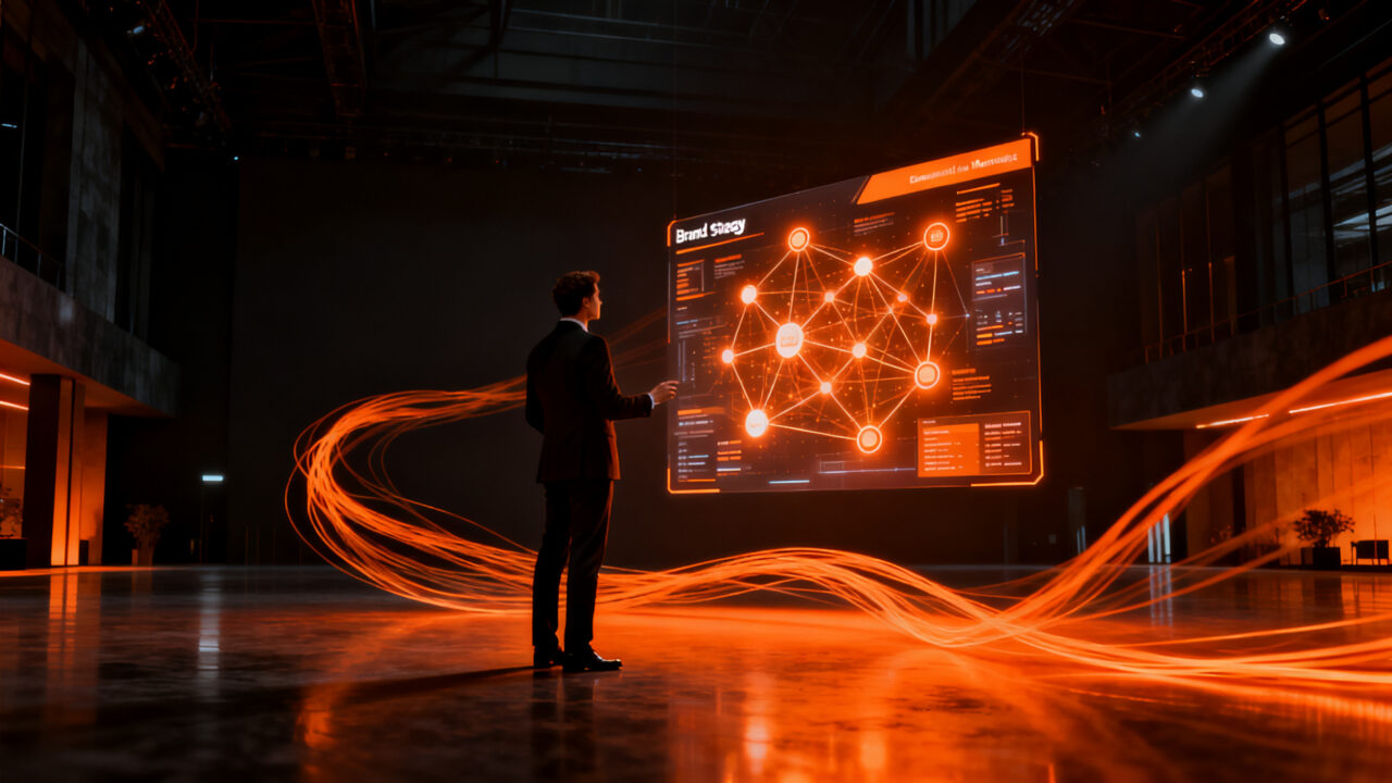 Estratega de marca analizando eventos corporativos potenciados por inteligencia artificial en un entorno digital futurista.