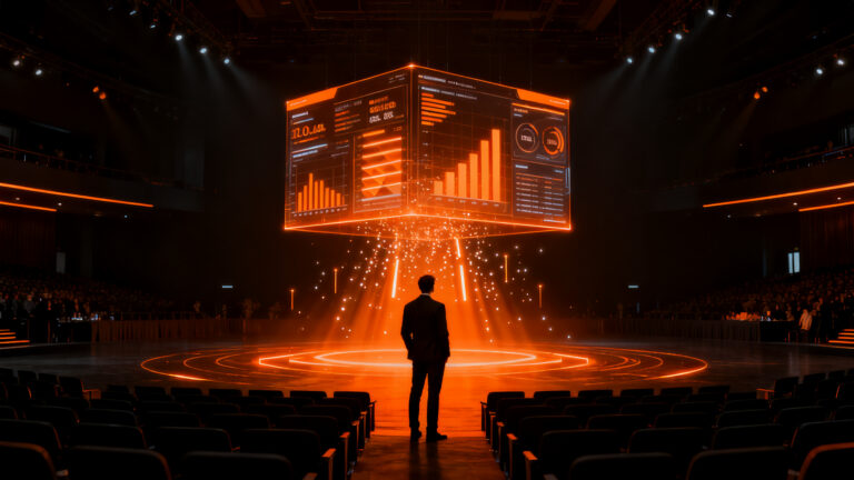 Estratega de marketing analizando datos de eventos corporativos con IA, destacando la importancia de la experiencia presencial.