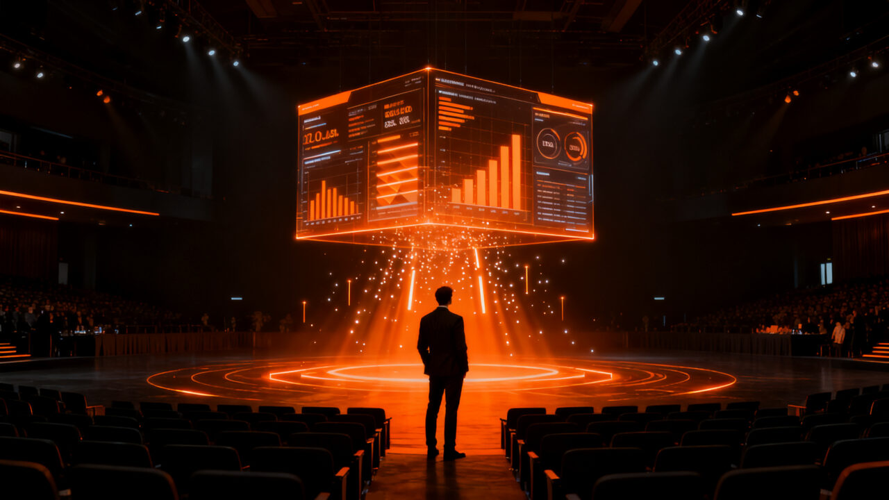 Estratega de marketing analizando datos de eventos corporativos con IA, destacando la importancia de la experiencia presencial.