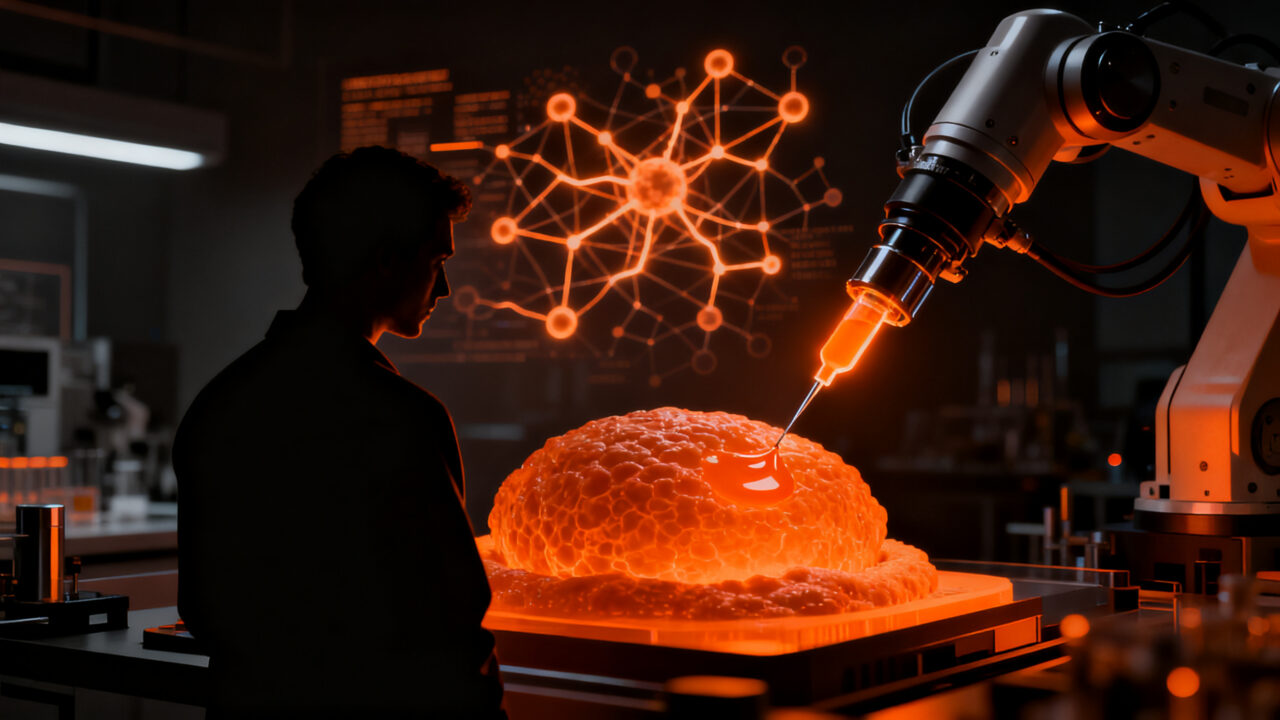 Investigador supervisando un brazo robótico automatizado realizando una terapia génica guiada por IA en un laboratorio biotecnológico avanzado.