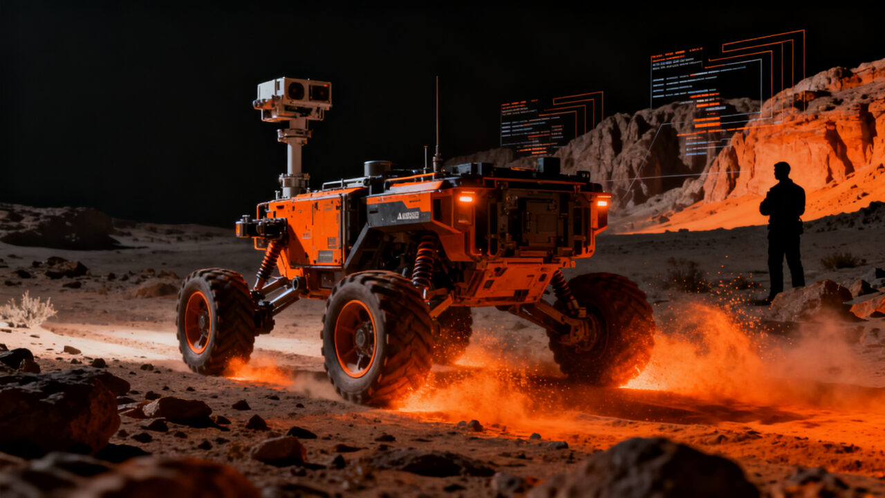 El rover Rosalind Franklin de la misión ExoMars realizando pruebas de exploración en el desierto de Almería, simulando la superficie de Marte para la ESA.
