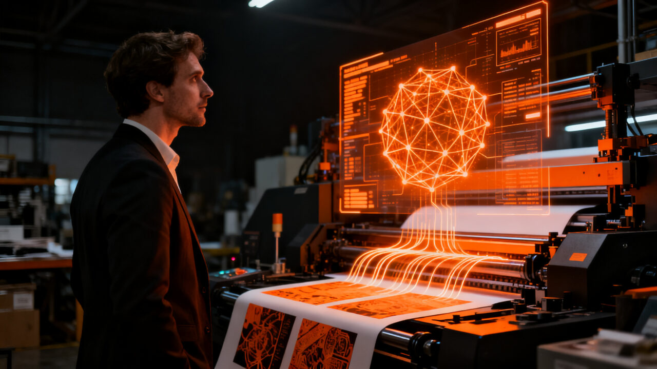 Emprendedor explorando tecnología de impresión avanzada e inteligencia artificial en Expográfica 2026 para pymes.