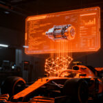 Ingeniero de F1 analizando datos críticos de software en el paddock, representando la complejidad técnica de las regulaciones híbridas de la F1 2026.