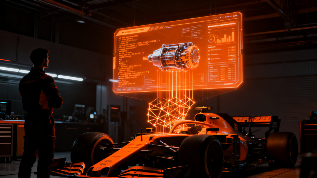 Ingeniero de F1 analizando datos críticos de software en el paddock, representando la complejidad técnica de las regulaciones híbridas de la F1 2026.